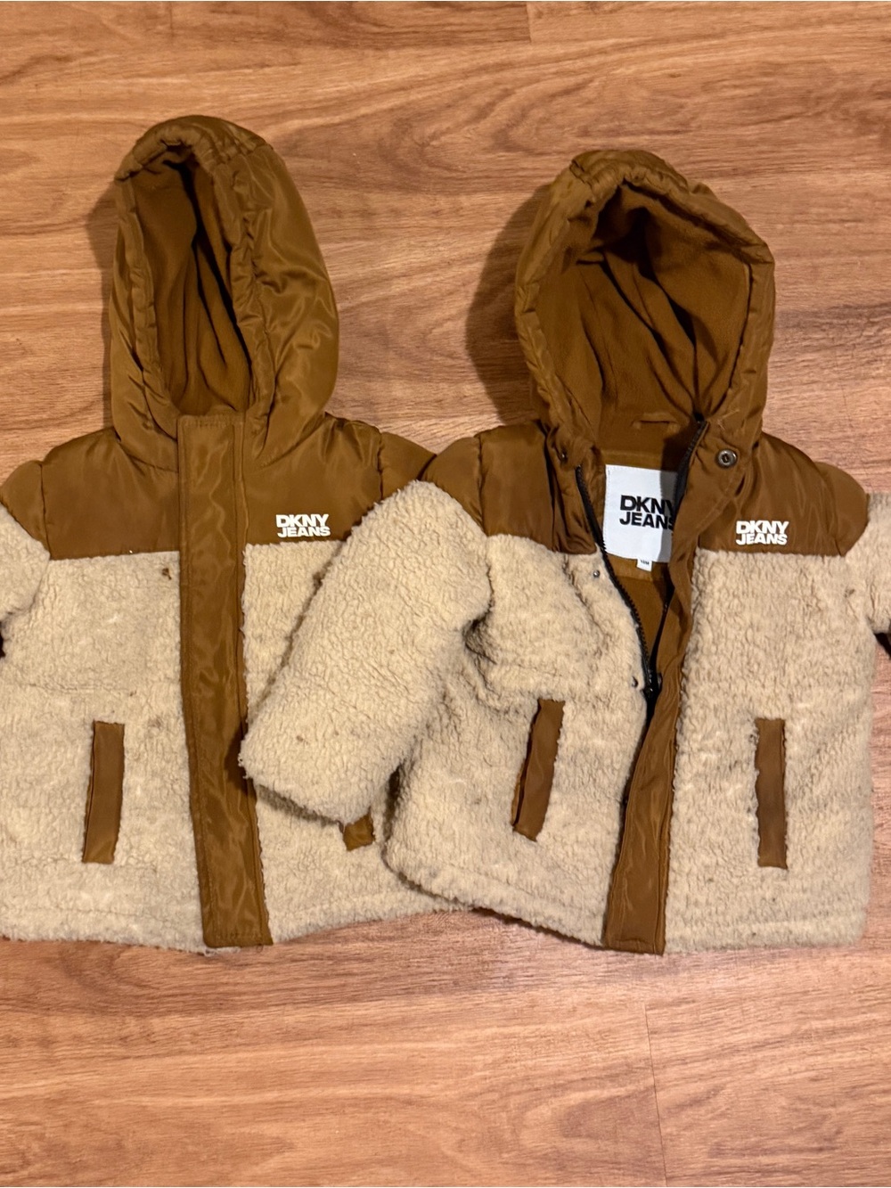 2 Dkny Two-Tone Brown and Cream Sherpa Puffer Jacket with Hood